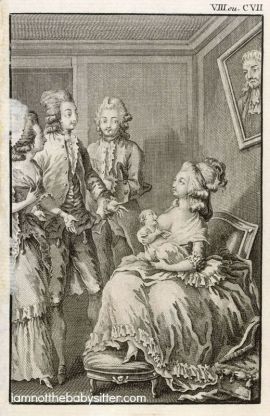 This illustration depicts an aristocratic French woman breastfeeding her baby (without a cover) in front of male and female visitors.